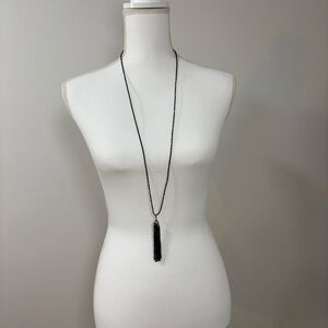 Black Spinel Tassel Necklace 36” Sterling Silver Rhodium Opera Gothic Boho